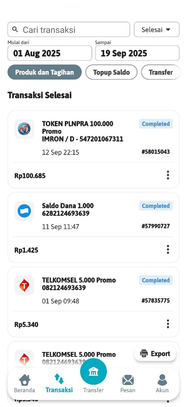 Bisatopup App Transaction History